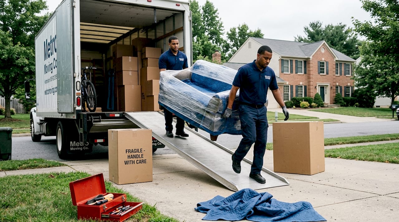 Movers loading truck with wrapped furniture
