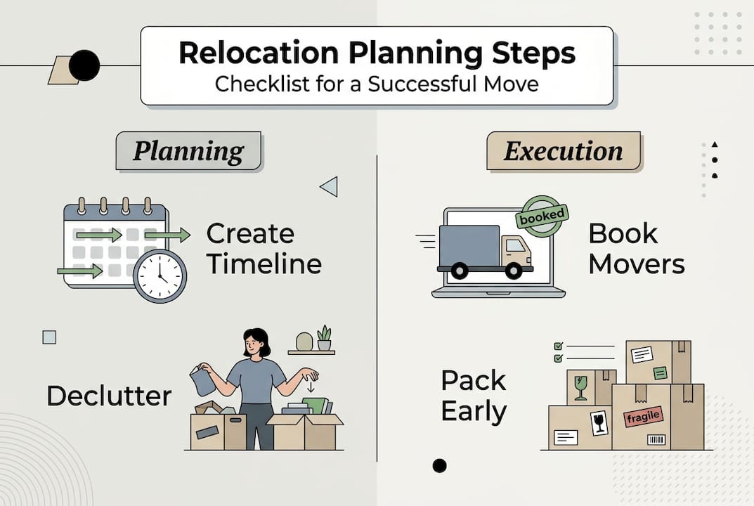 Infographic showing relocation planning steps and timeline