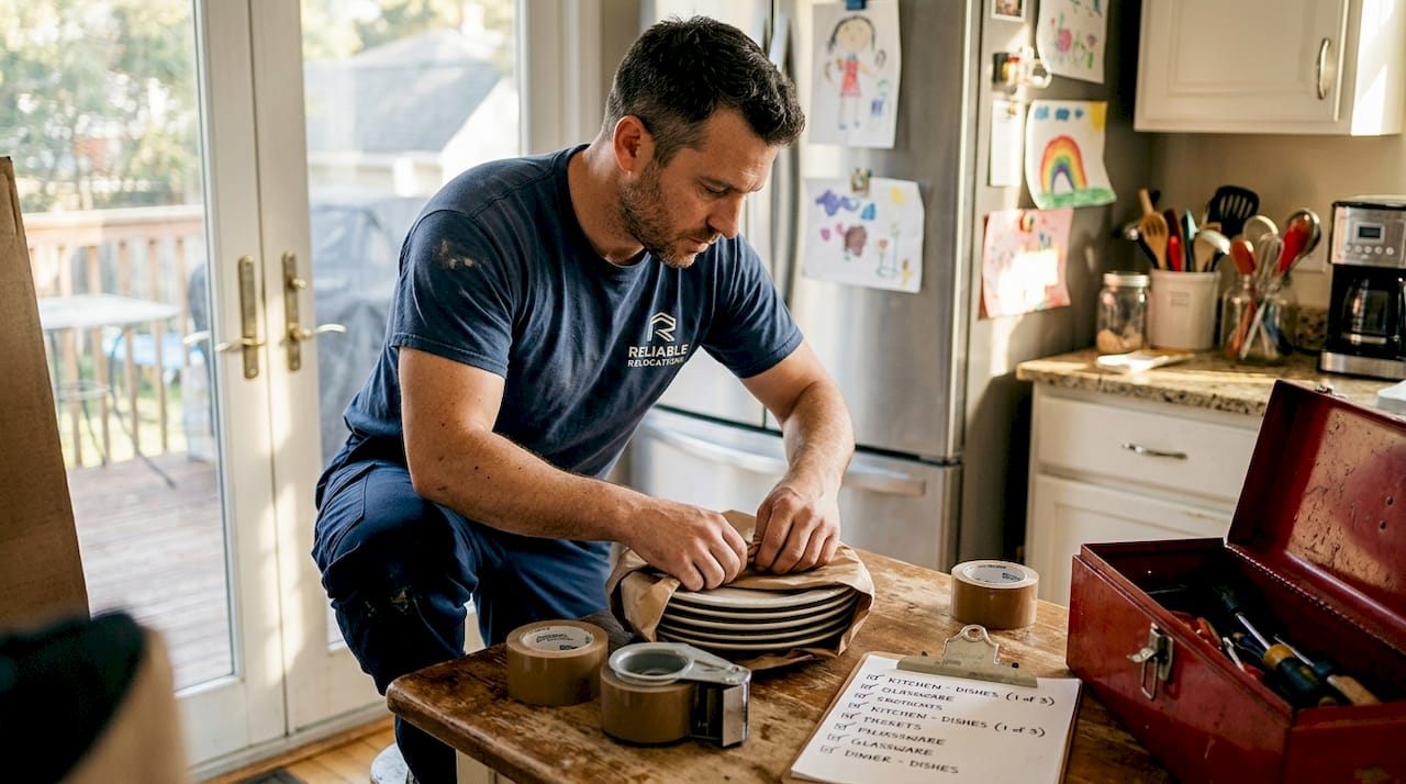Mover carefully packing family kitchen items
