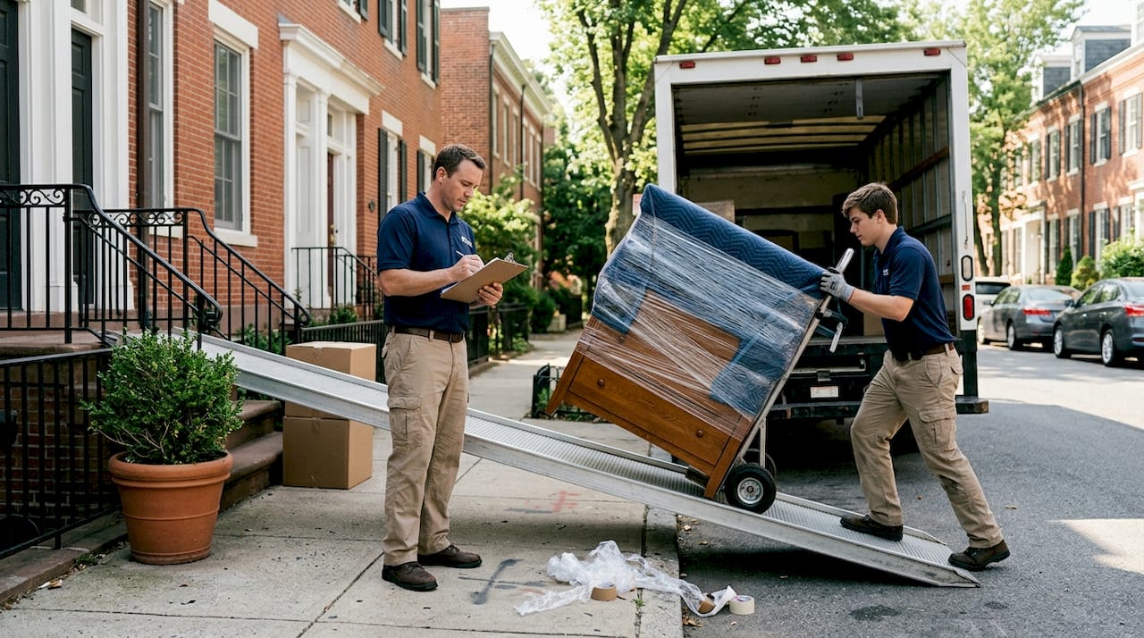Movers loading furniture onto truck curbside
