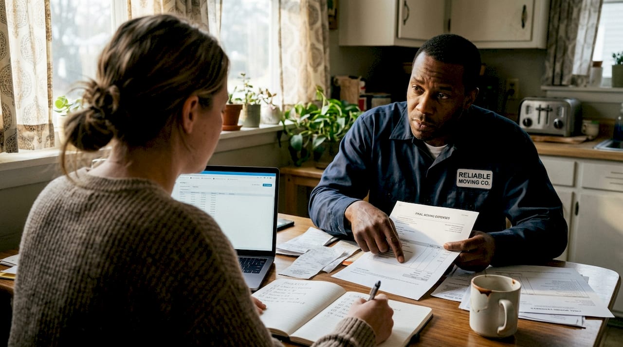 Mover reviewing paperwork with customer at table