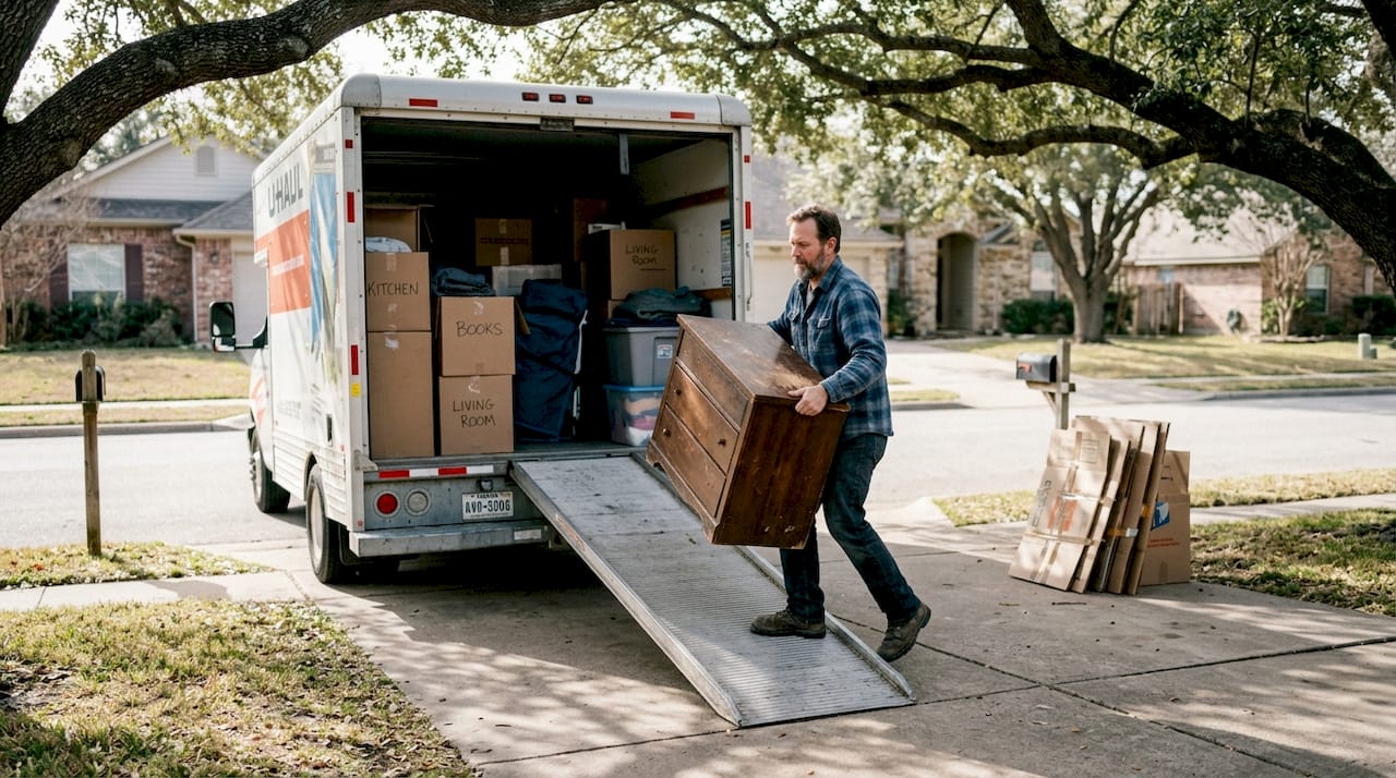 Mover loading furniture into truck outdoors