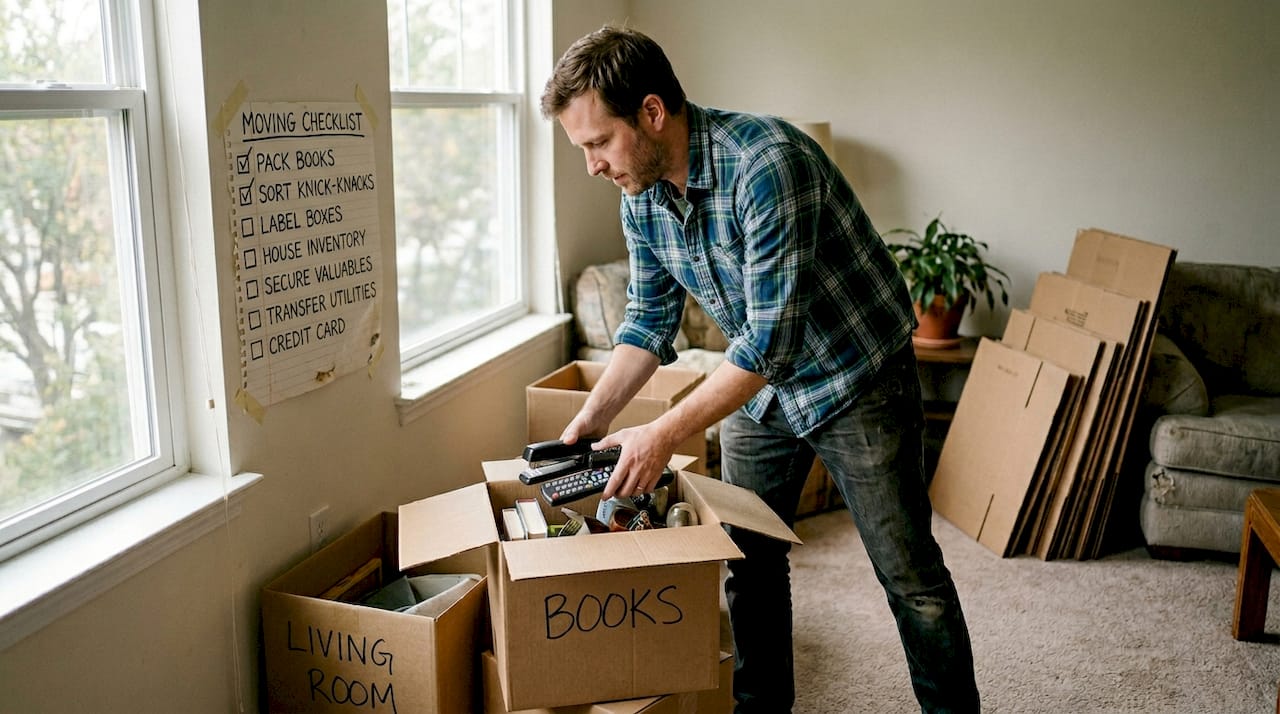 Man organizing and labeling packing boxes