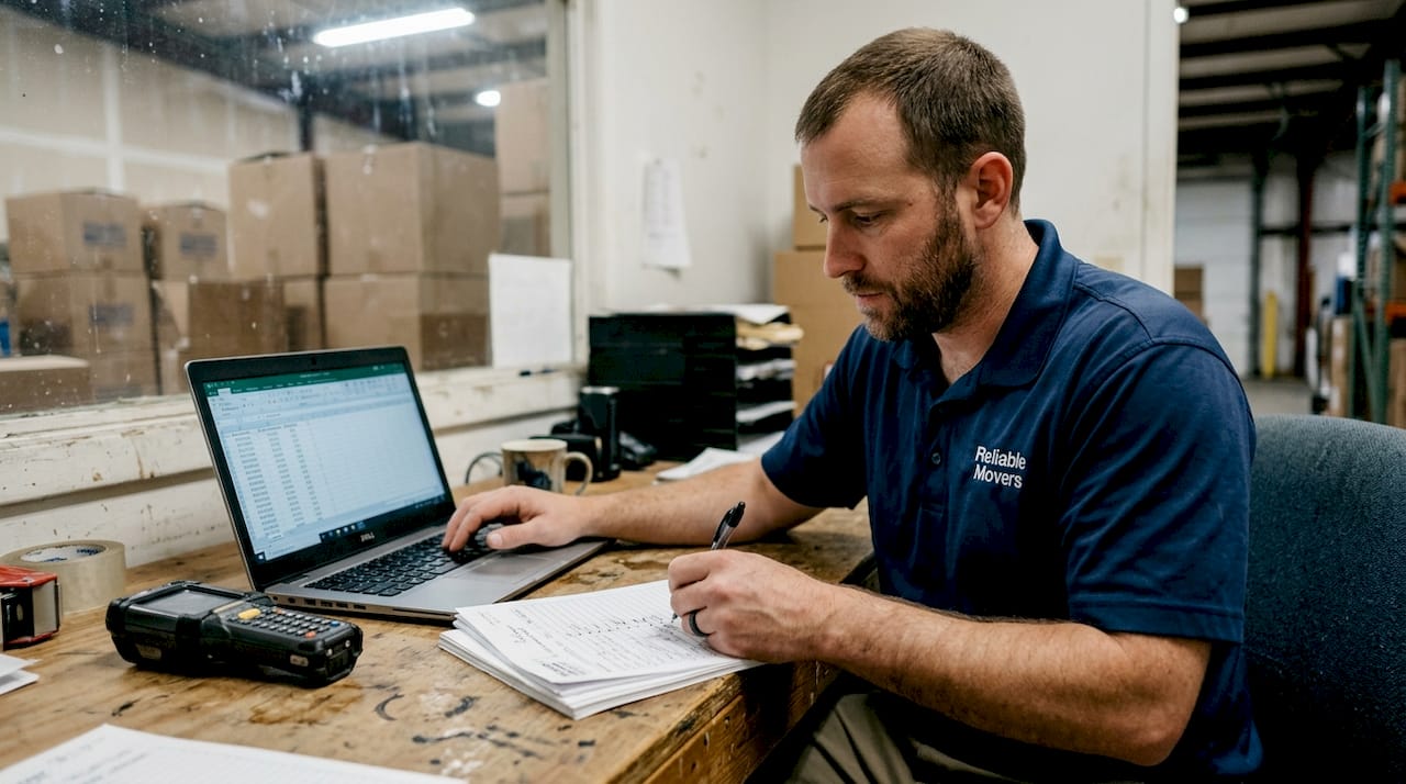 Mover writing inventory checklist in office