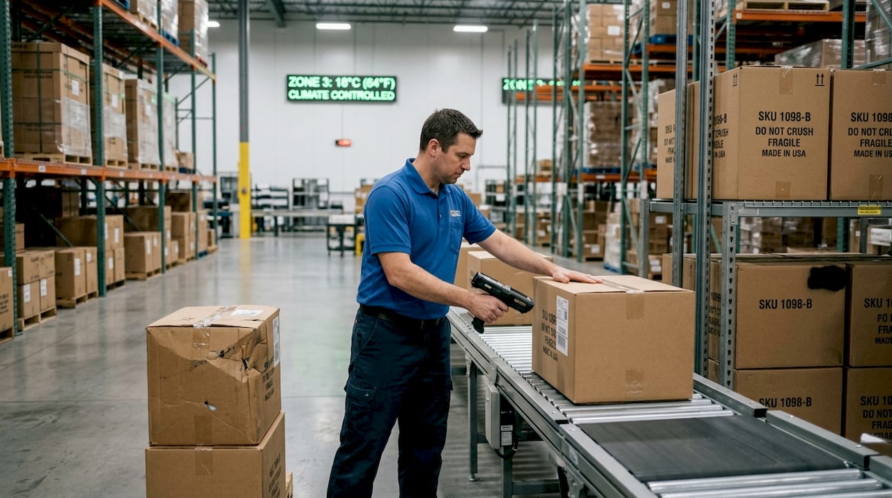 Worker scans crate in climate controlled warehouse