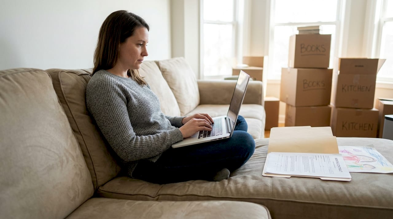 Woman emailing mover documentation on sofa