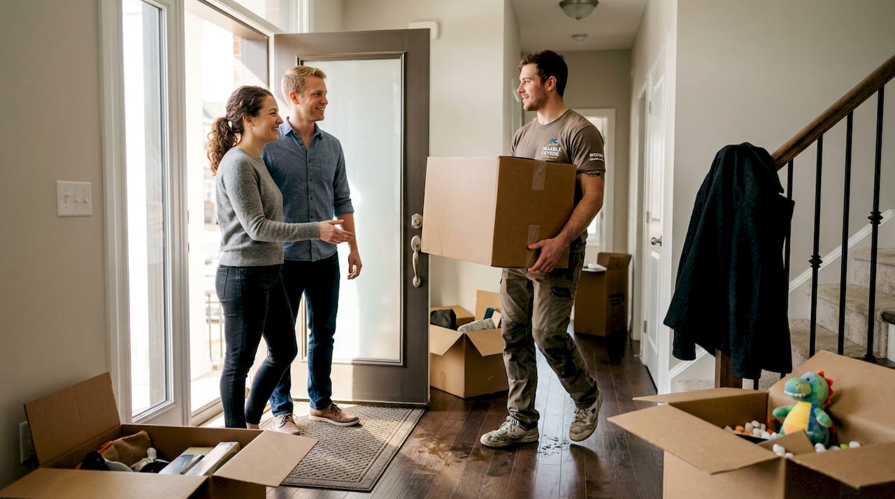 Family greeting mover delivering box