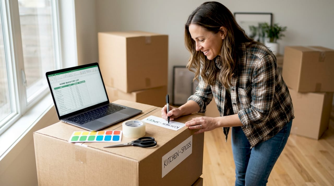 Woman labeling moving boxes with inventory list