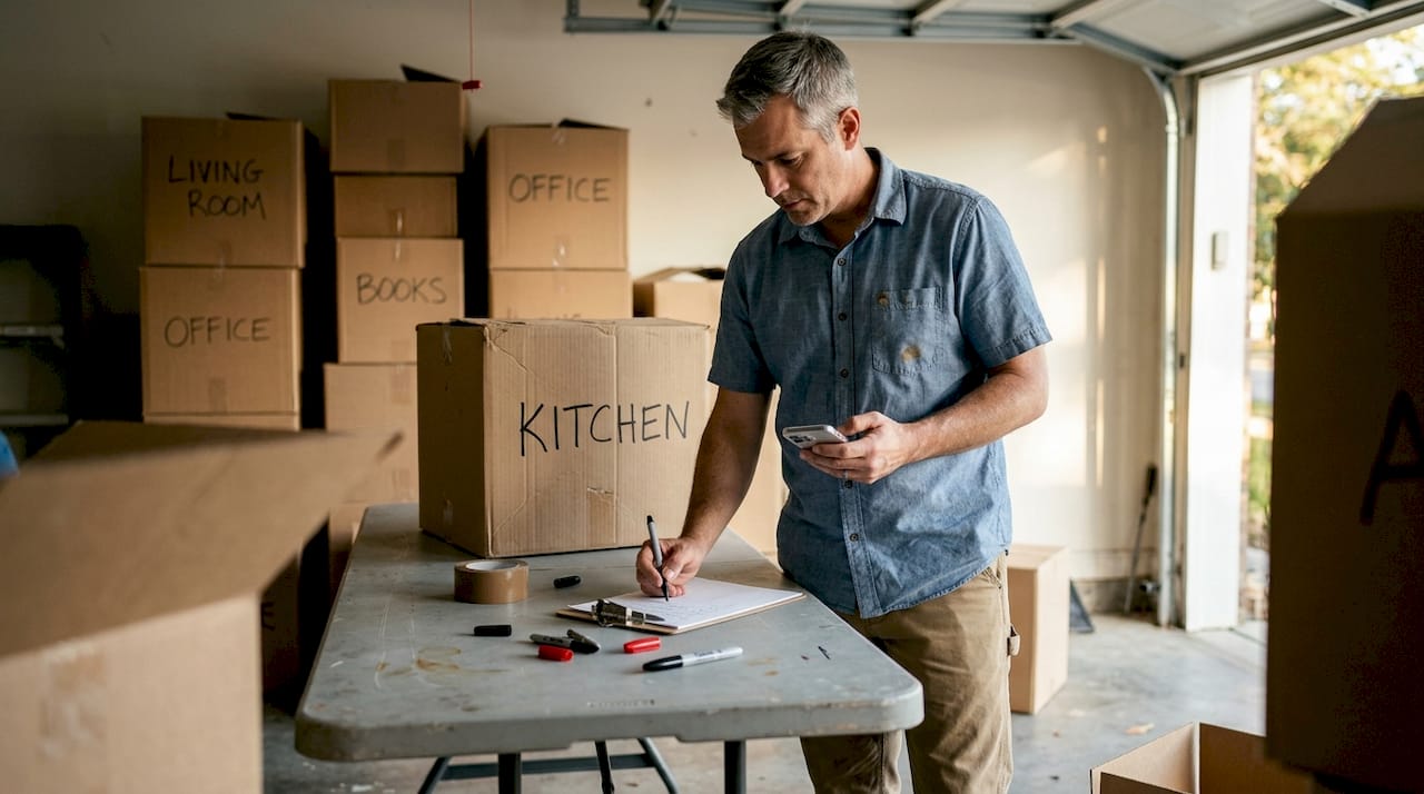 Logistics coordinator organizing labeled moving boxes