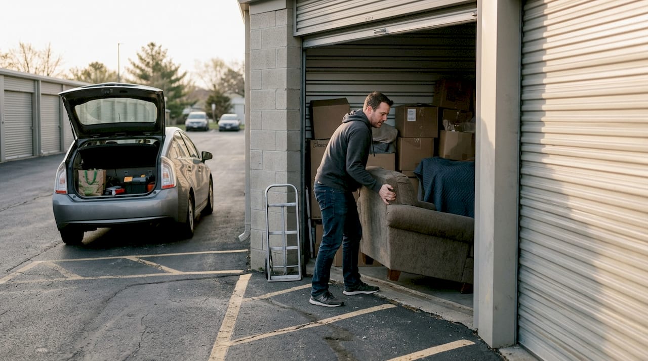 Man loading furniture into self-storage unit