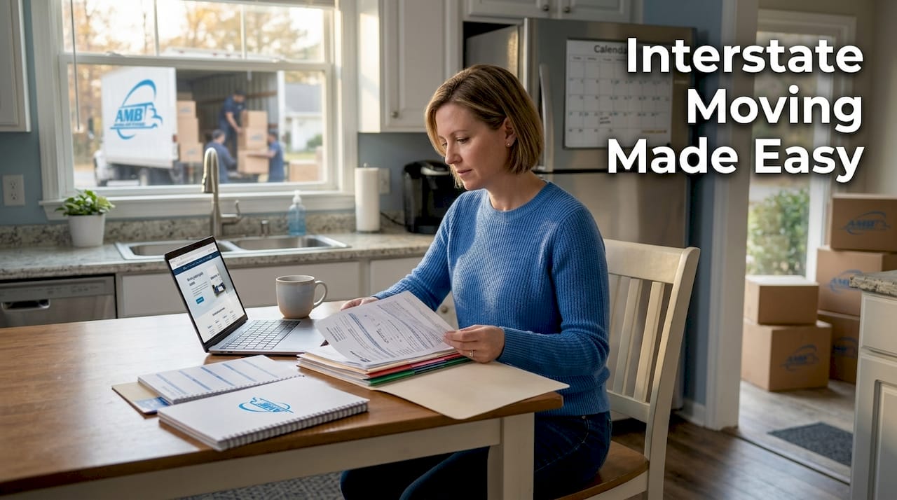 Woman reviewing moving documents at kitchen table