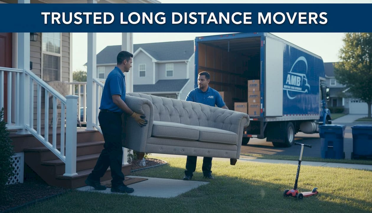 Movers carrying sofa out of family home
