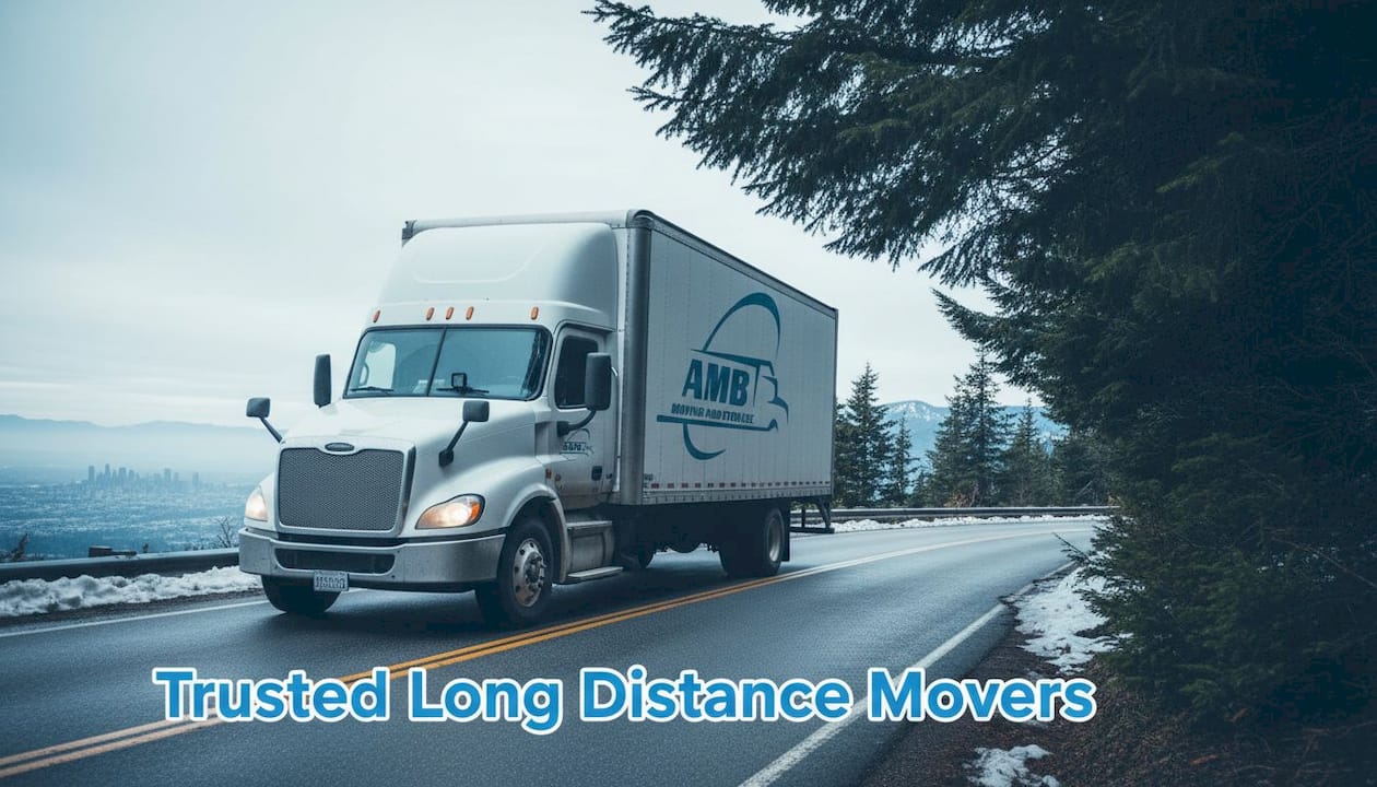 Moving truck ascending mountain pass Cascades