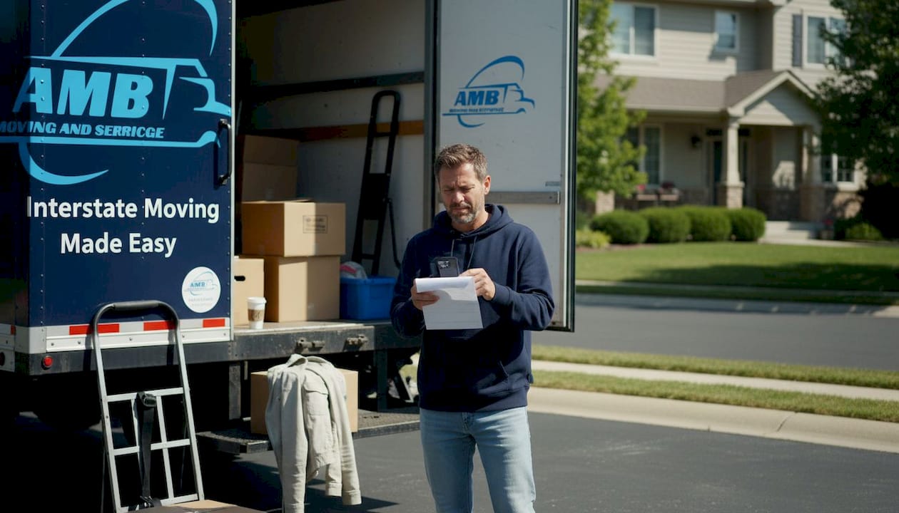 Man reviewing invoice at moving truck
