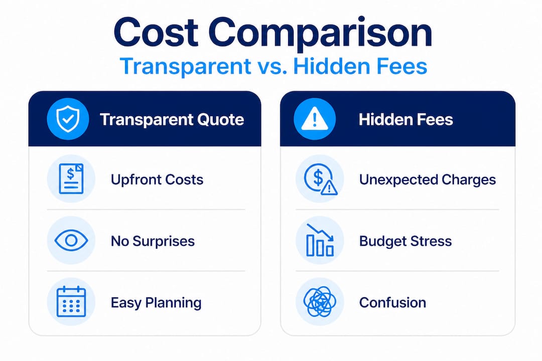 Infographic comparing transparent quotes to hidden fees