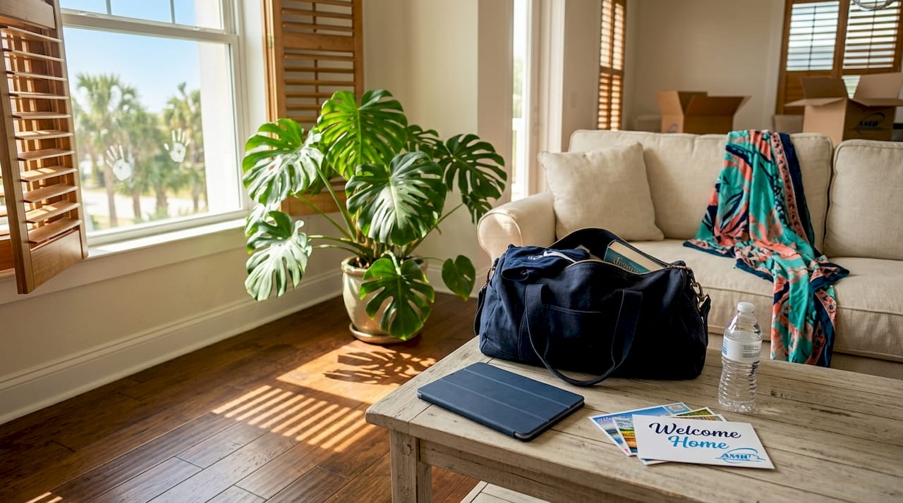 Bright Florida living room with moving items