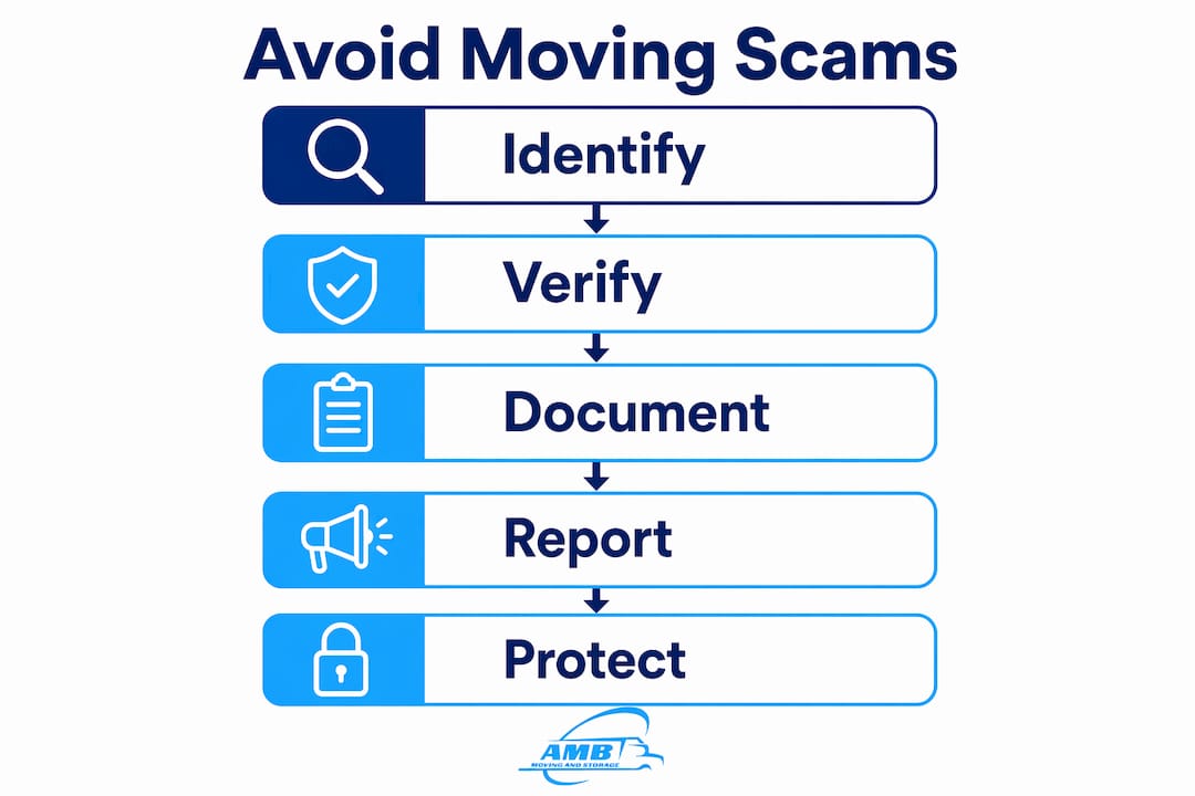 Vertical flow infographic on avoiding moving scams