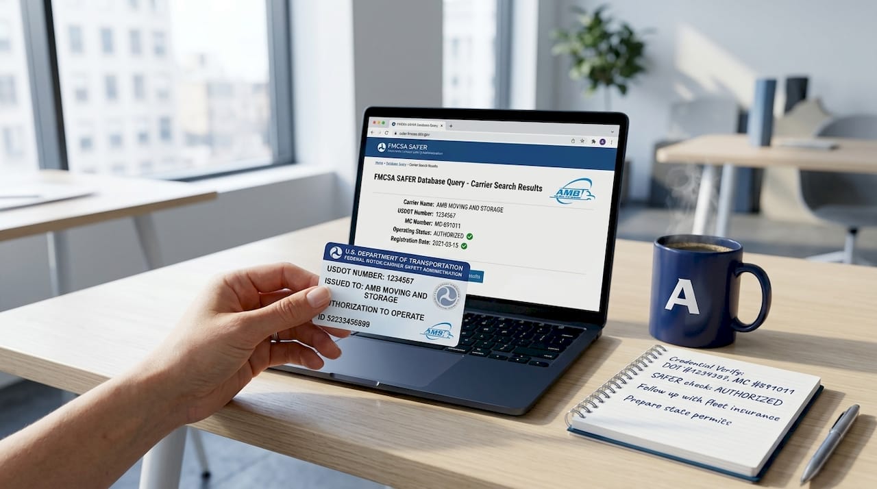 Hand holding moving company license card with laptop