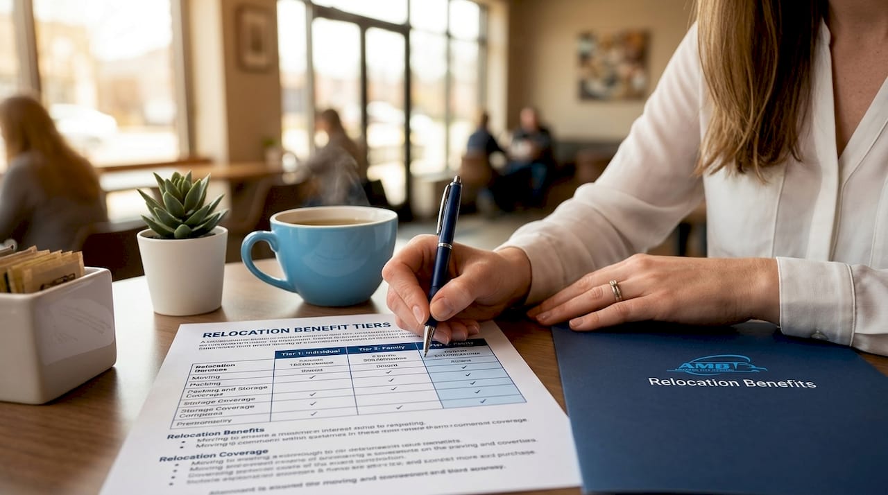 Close-up of HR specialist writing on relocation tiers document