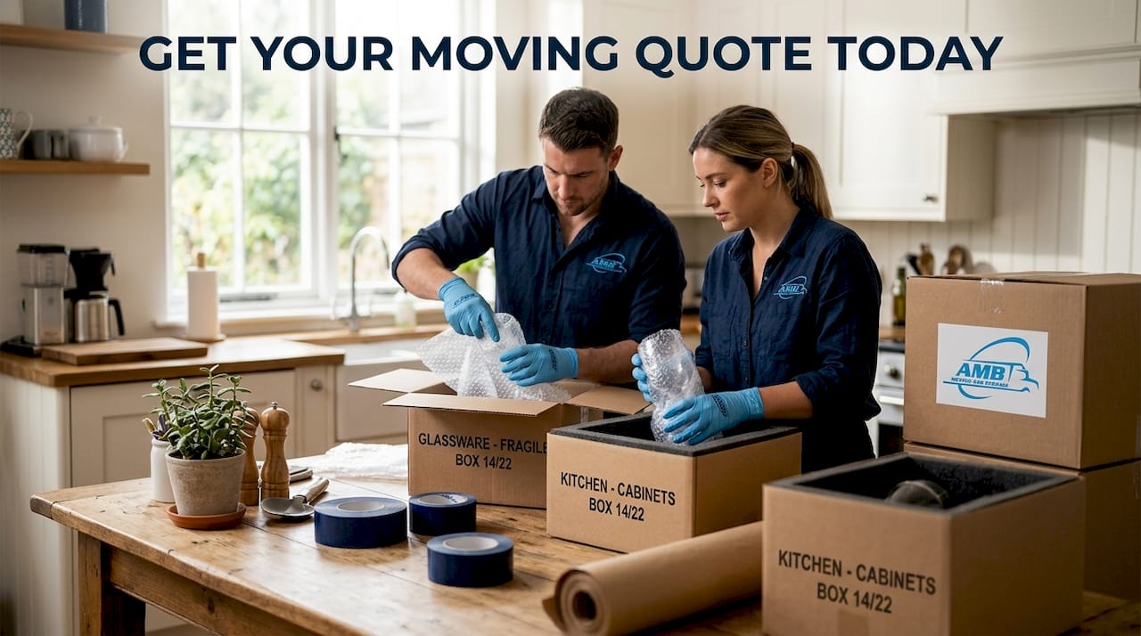 Professional packers carefully packing fragile items