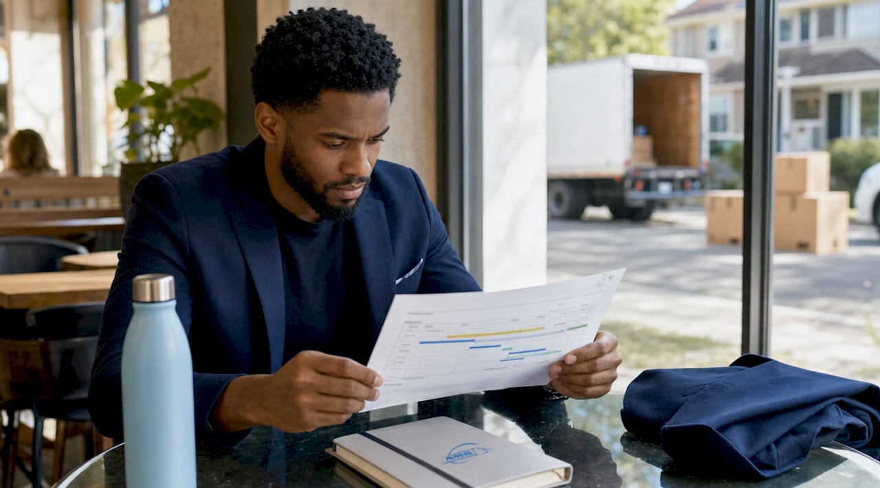 Hands reviewing business relocation timeline document
