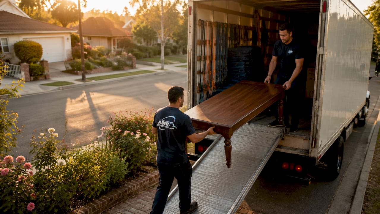 Movers loading furniture into truck outdoors