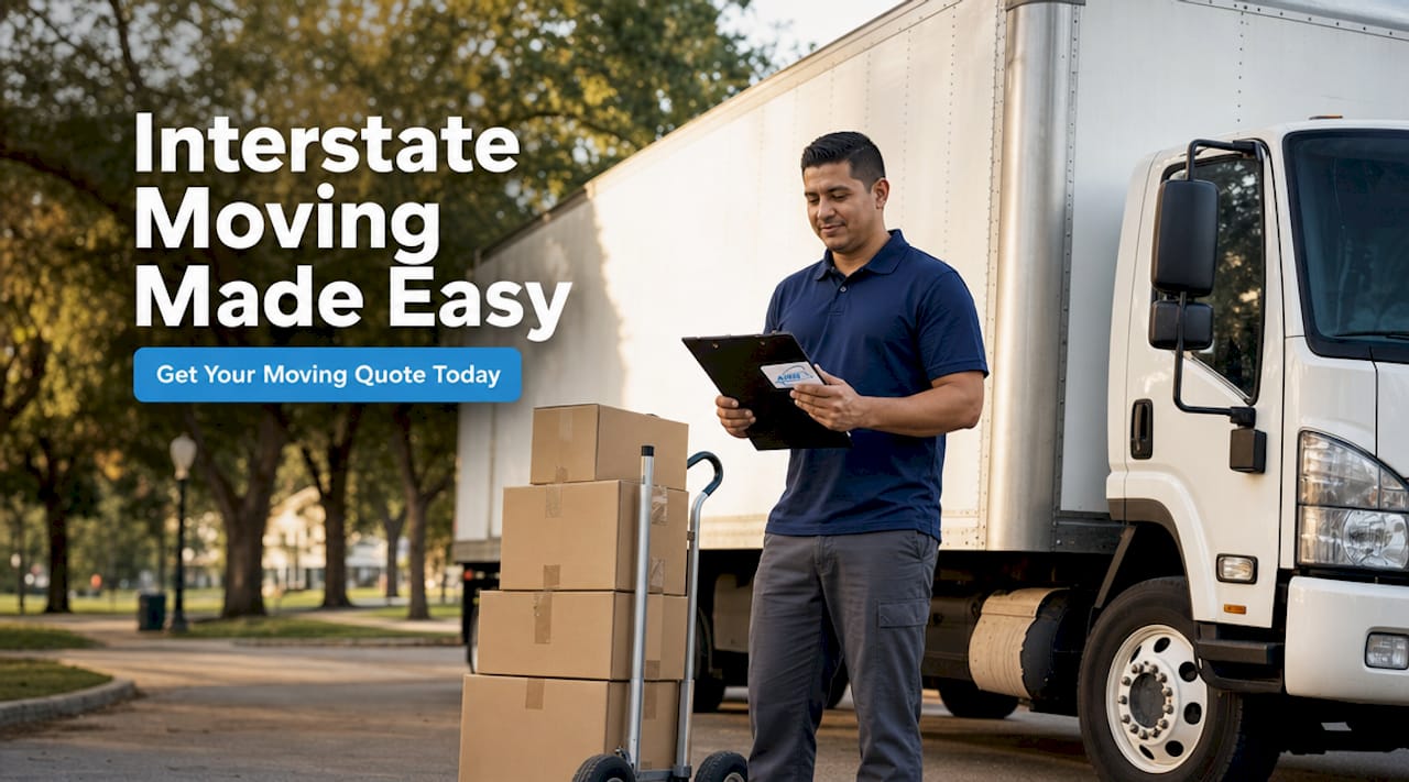 Licensed moving truck and driver checking clipboard outdoors