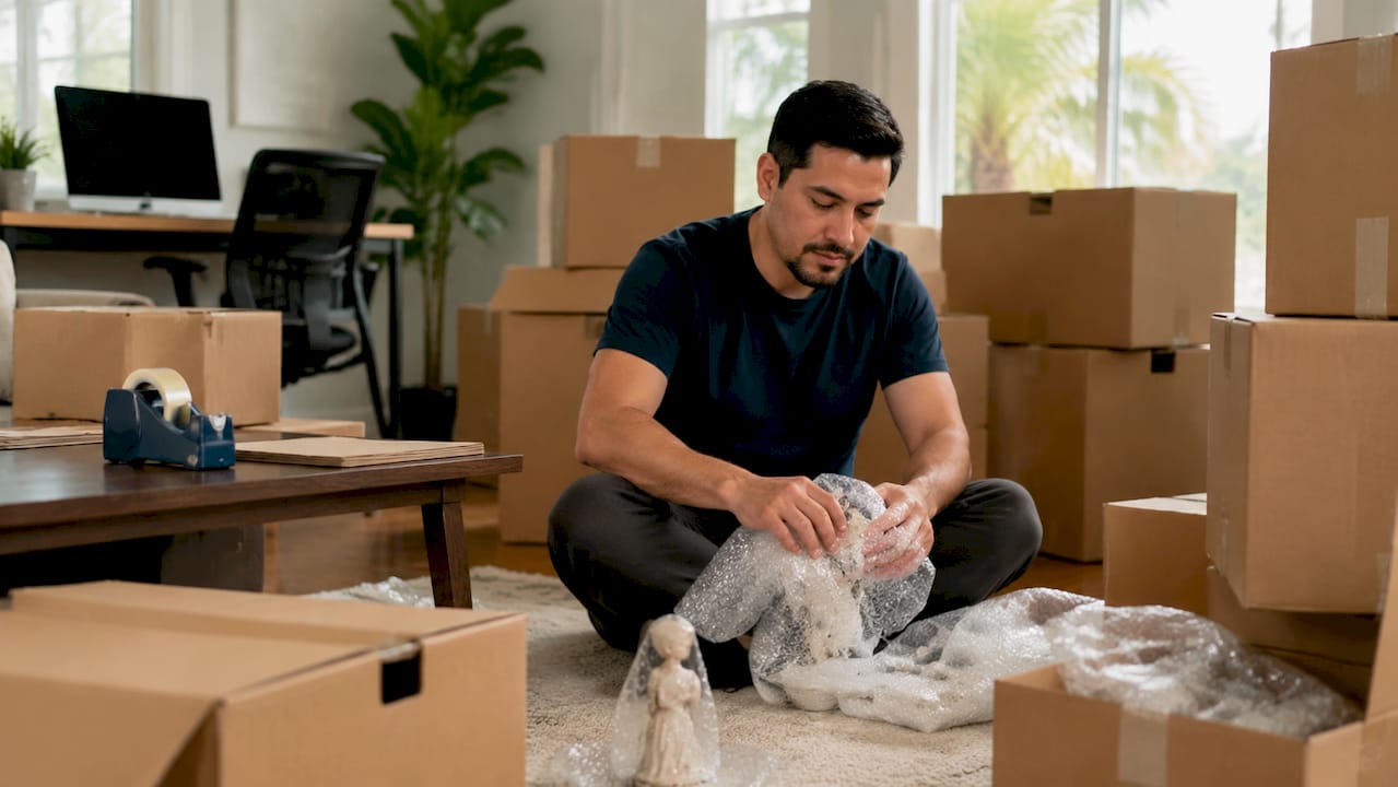 Man packing fragile items in living room