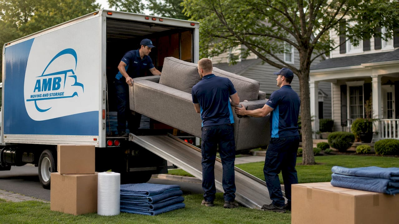 Moving crew loading furniture into exclusive truck