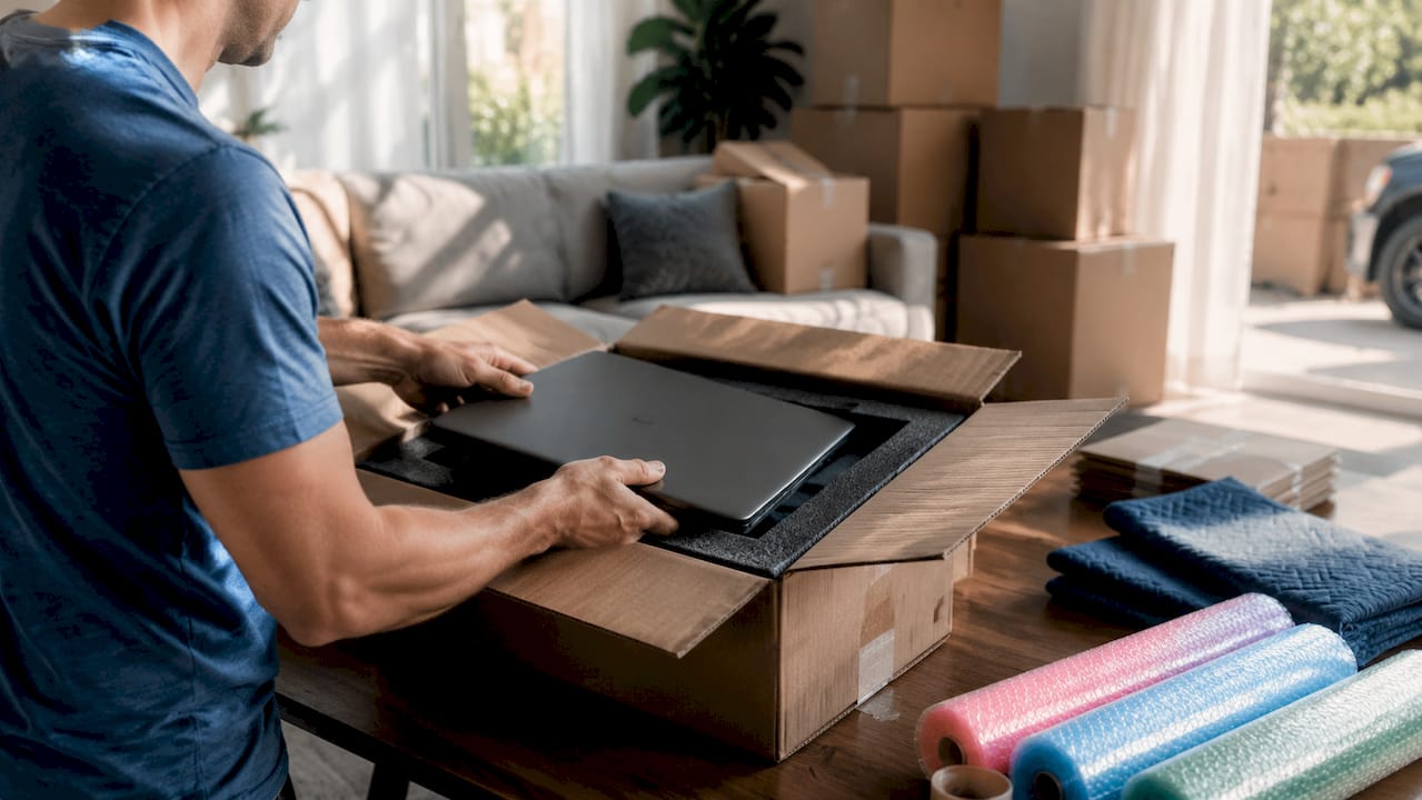 Hands packing laptop with foam padding