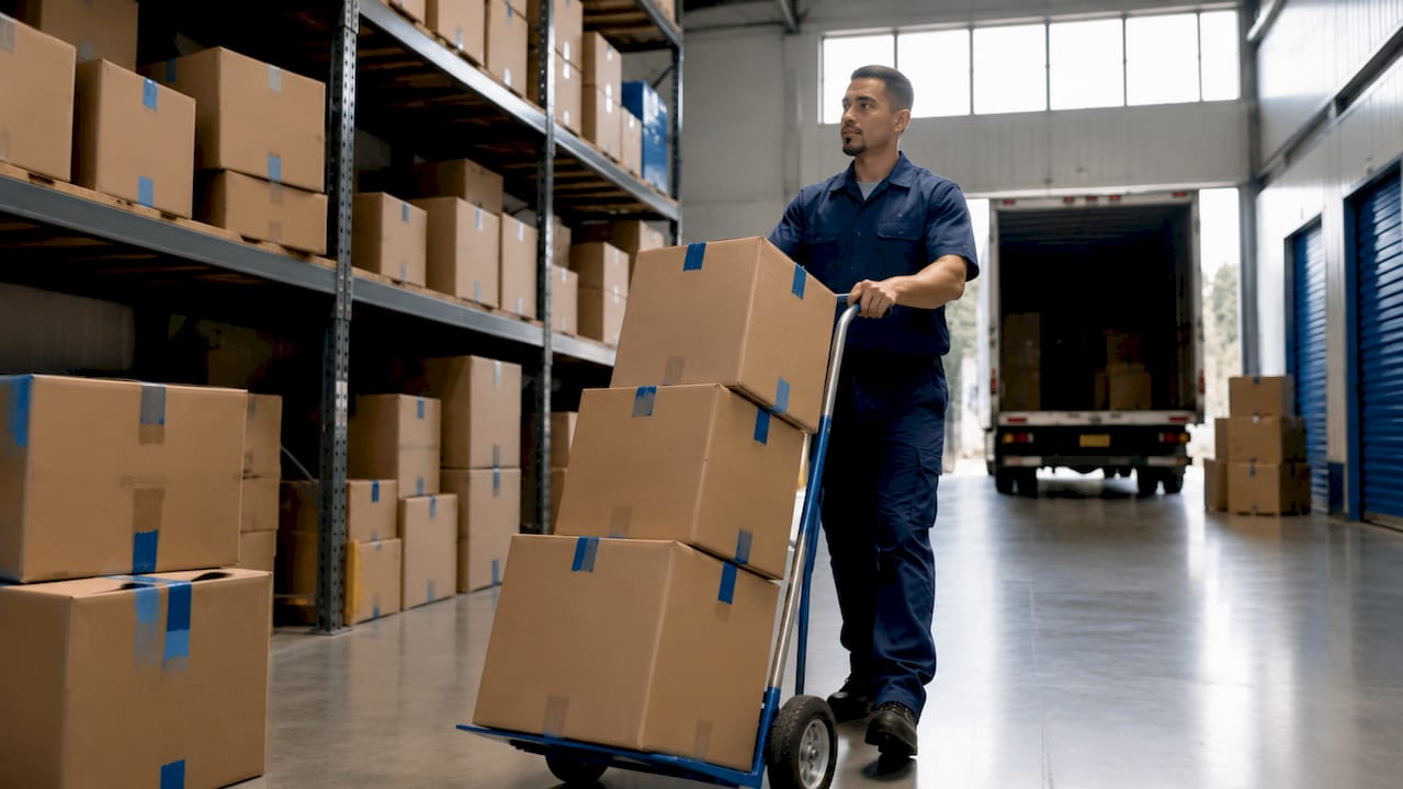 Warehouse worker managing moving boxes on dolly