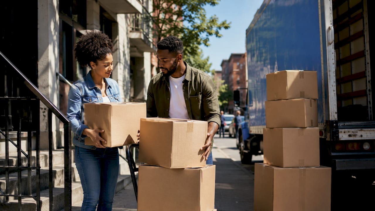 Couple loading moving boxes into branded blue truck