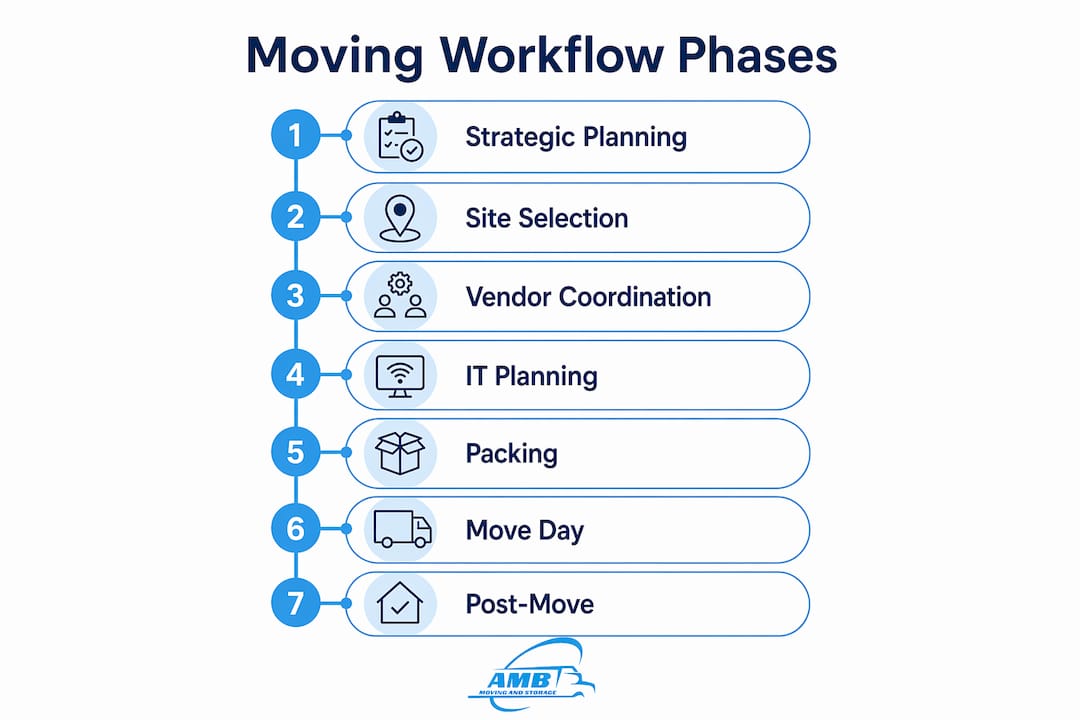 Infographic illustrating seven phases of business moving workflow