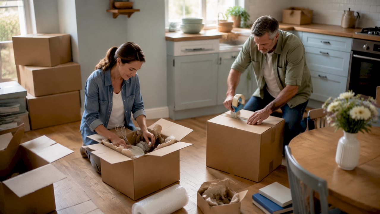 Couple packing boxes inside living room