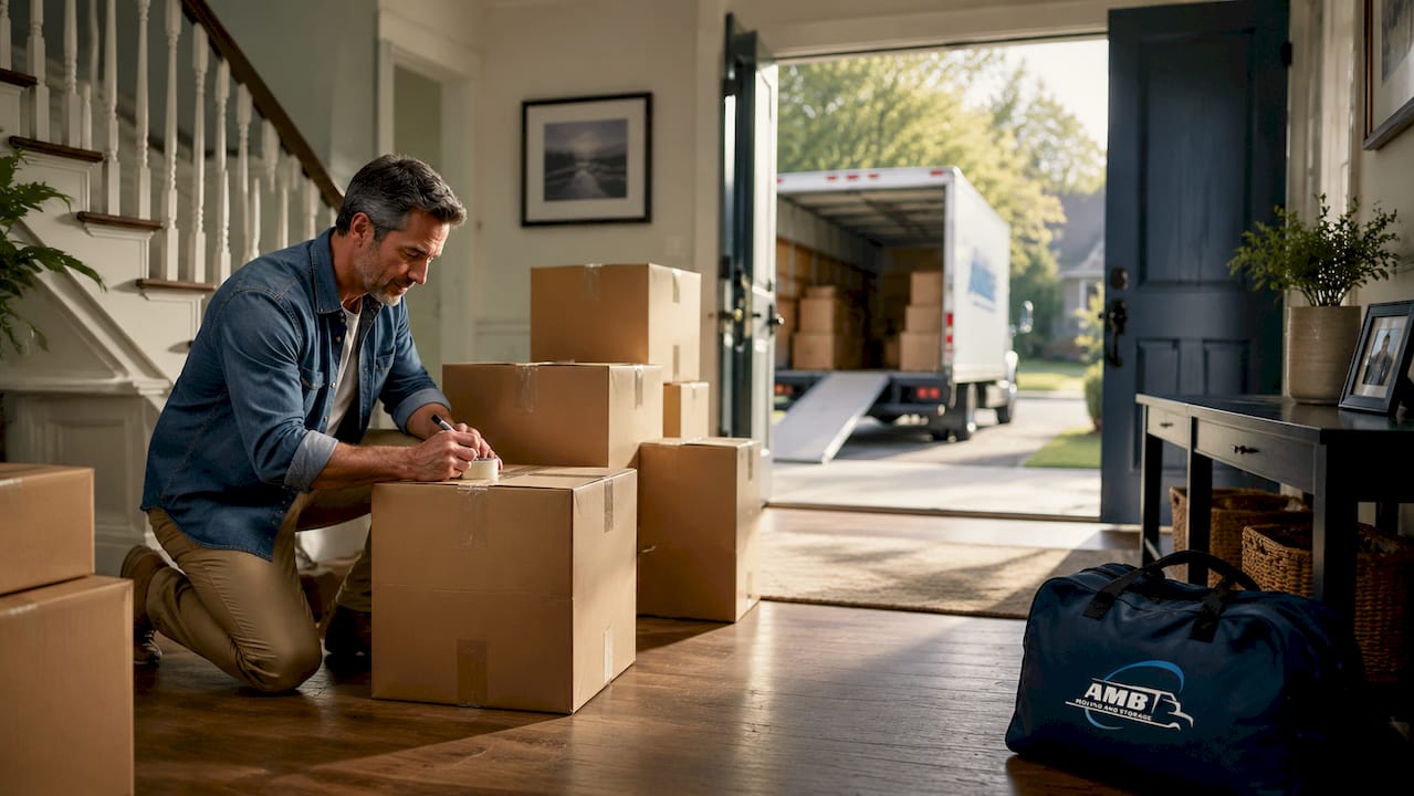 Homeowner labeling moving boxes indoors