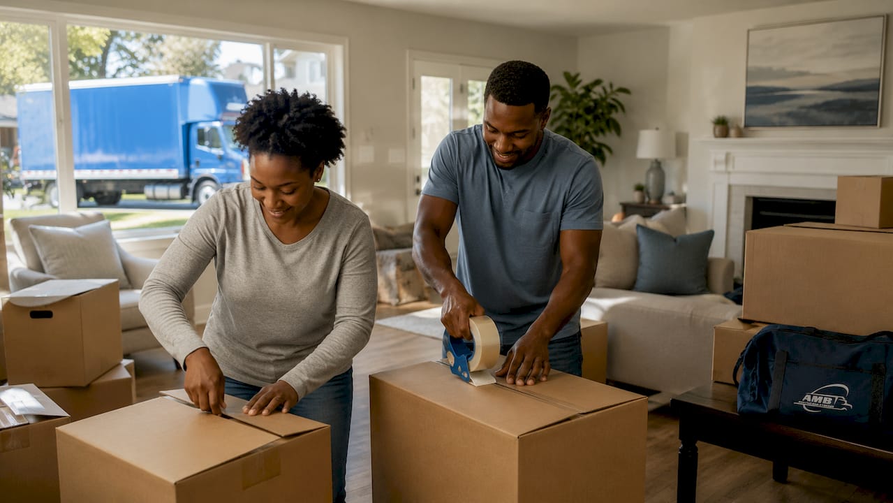 Couple packing boxes in garage for move