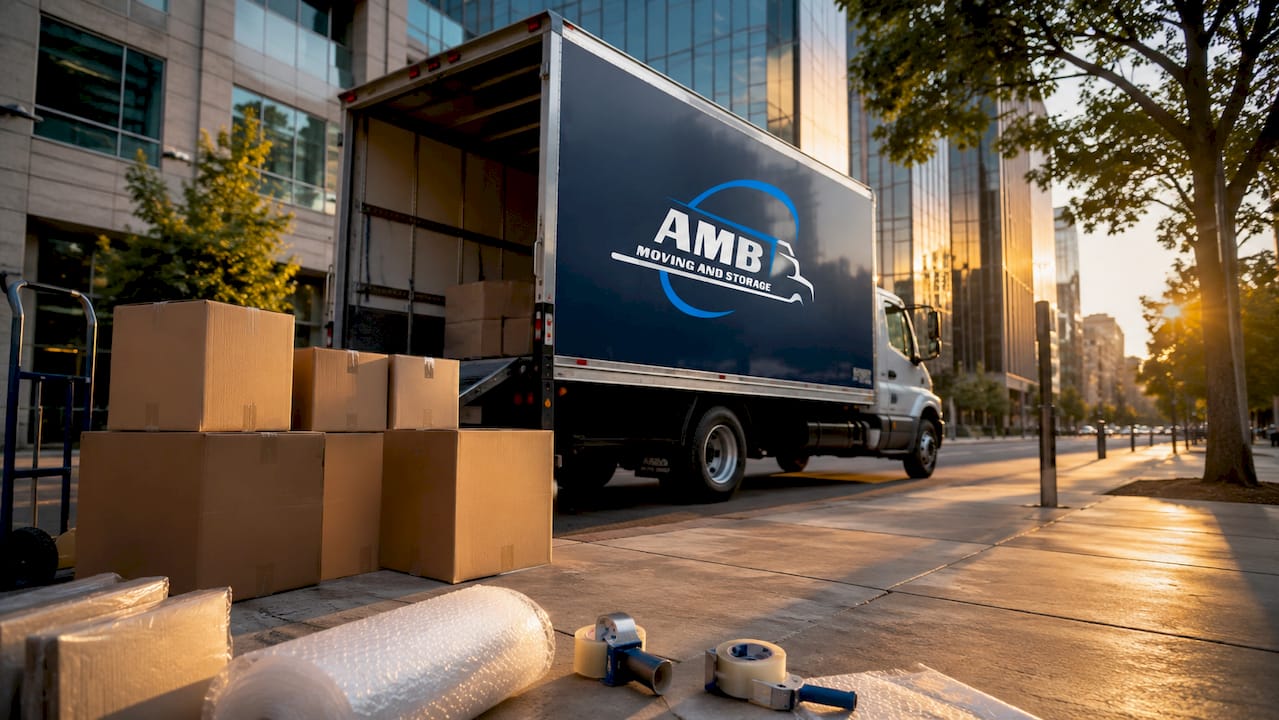 Packed moving boxes and supplies by moving truck