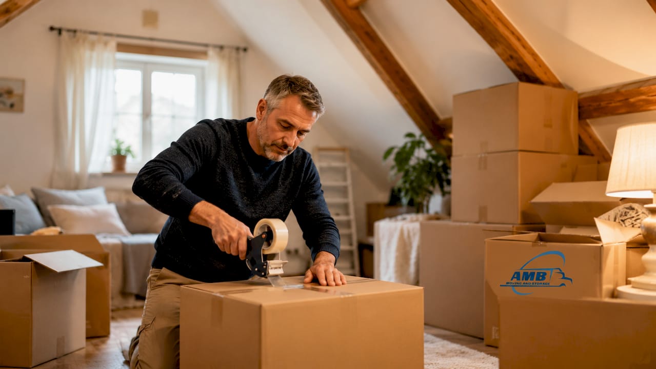 Homeowner sealing packing box indoors