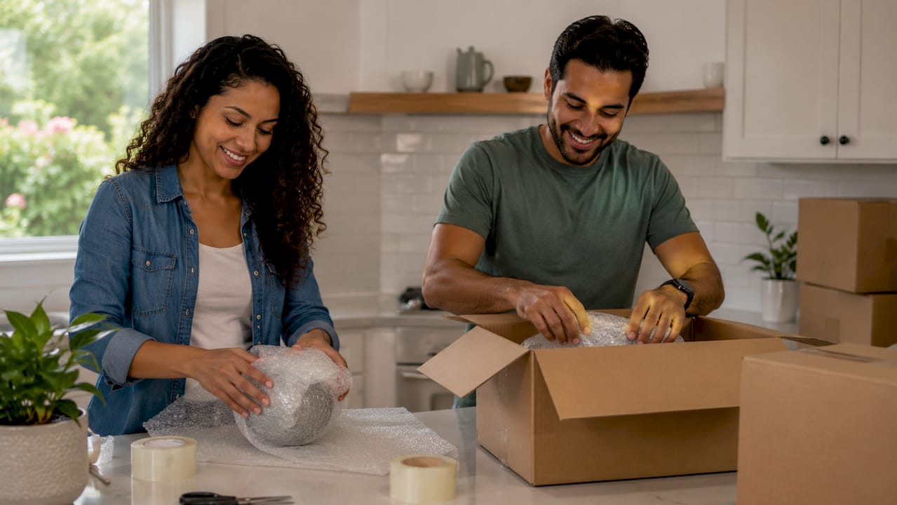 Close-up of packing moving boxes by homeowner indoors