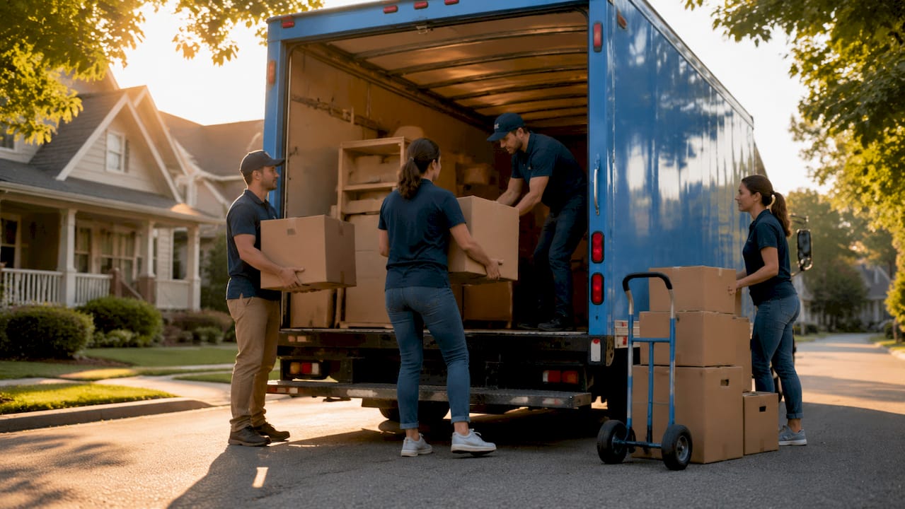 Moving crew loading dedicated truck at home