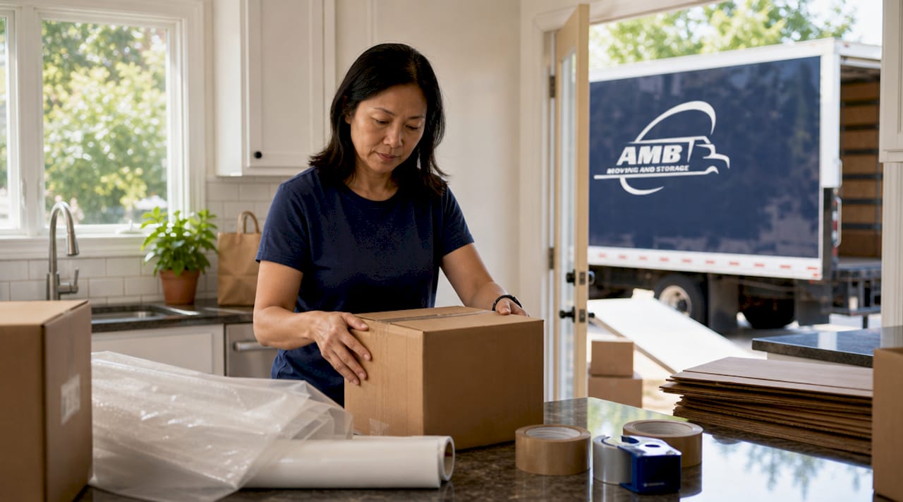 Woman labeling moving boxes in garage
