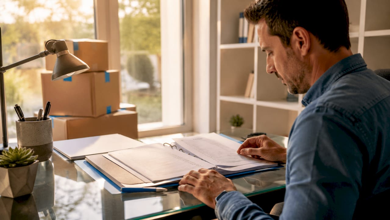 Homeowner organizing moving checklist in kitchen