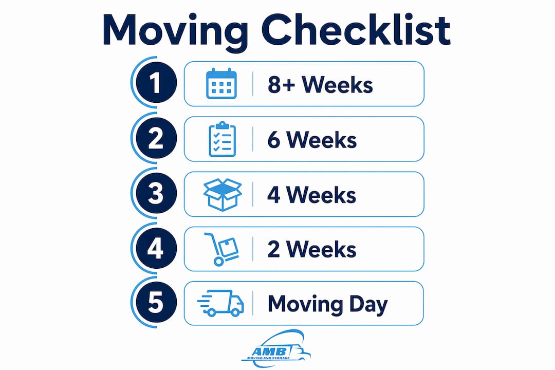 Infographic illustrating moving checklist steps from 8 weeks to moving day