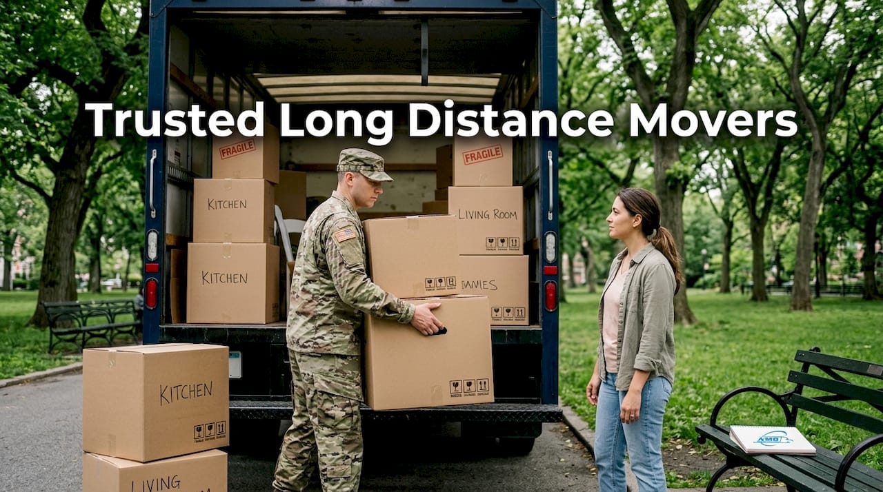 Service member loading moving boxes into truck
