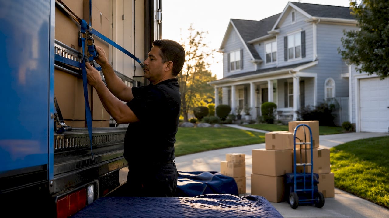 Man safely unloading boxes from moving truck ramp