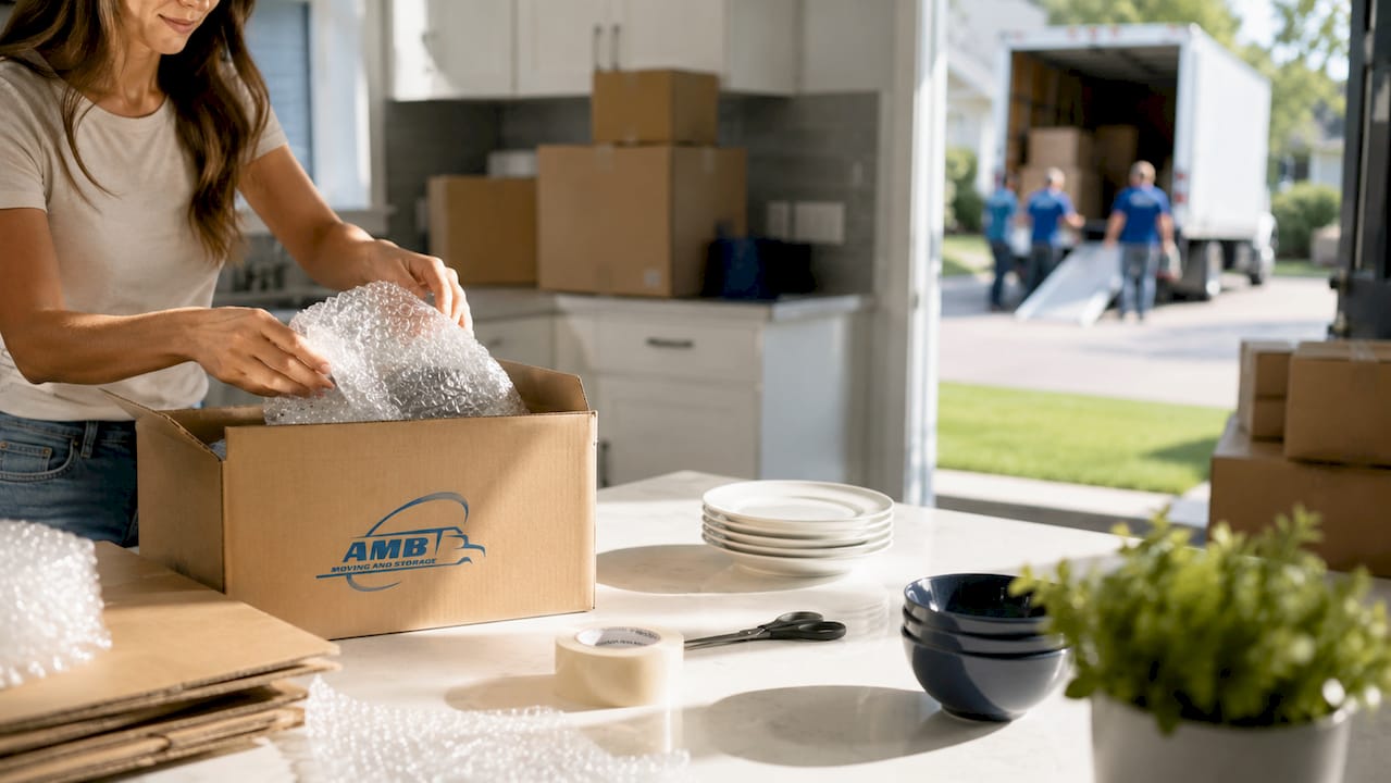 Hands packing labeled moving box indoors