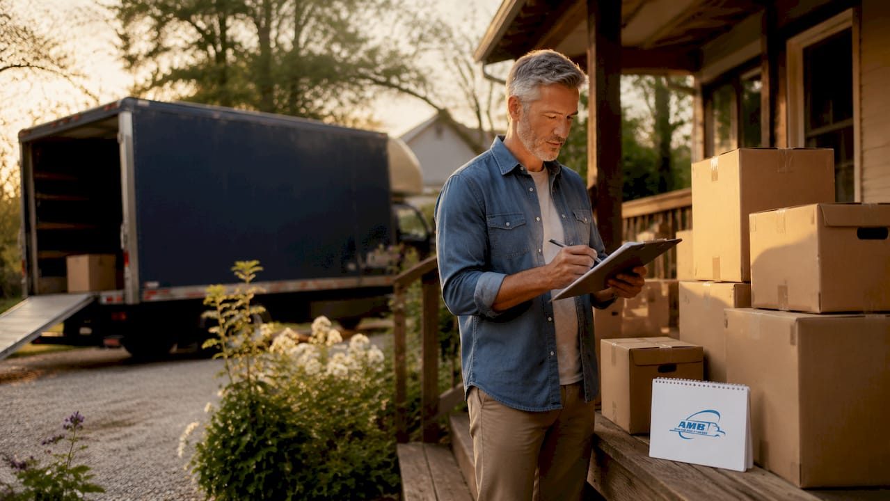 Homeowner checking moving boxes by truck