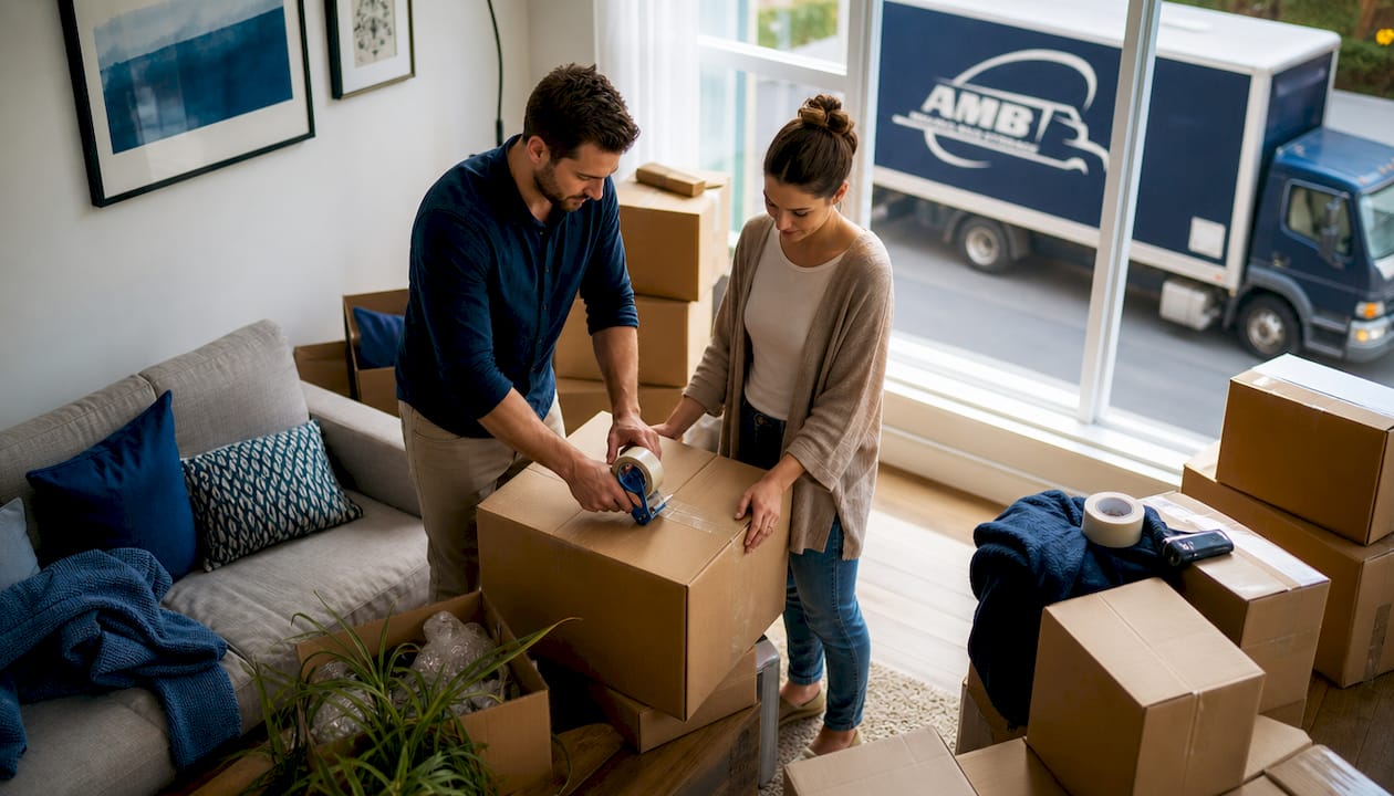 Couple packing boxes for long distance move