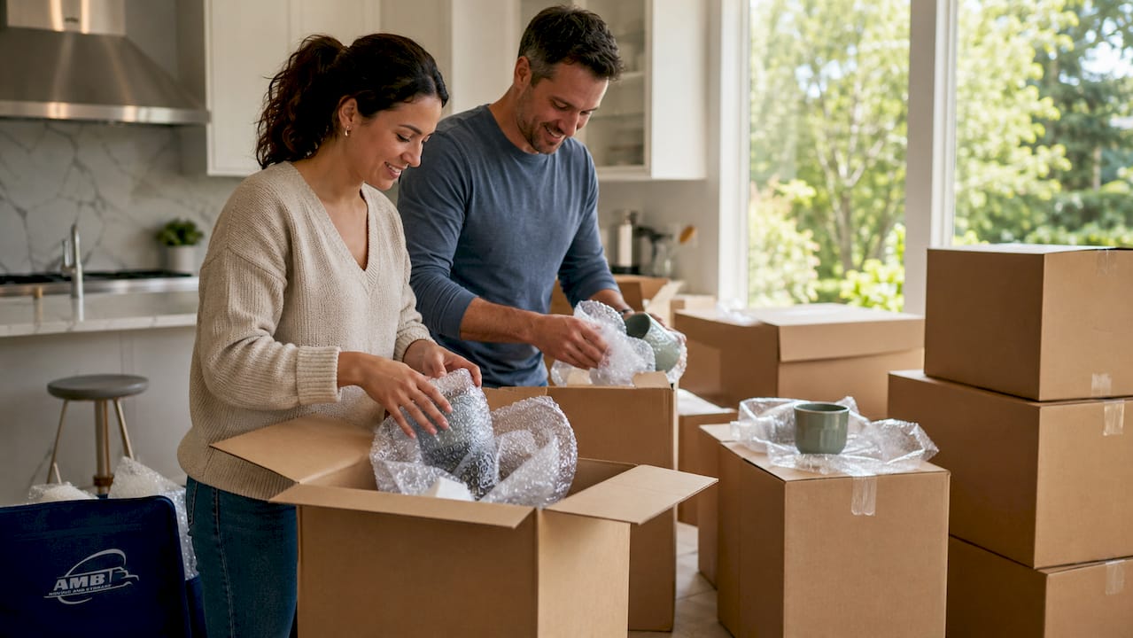 Couple packing and labeling moving boxes indoors