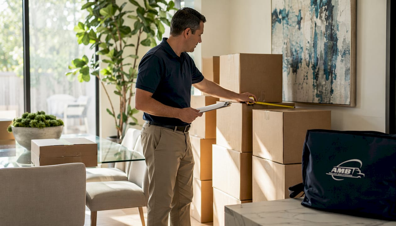 Moving consultant measuring boxes in home